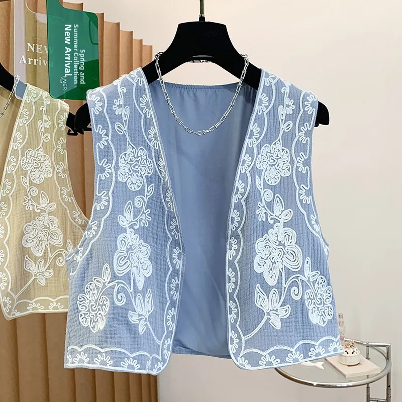 

Style Blue Floral Embroidery Cotton Linen Women's Jacket Loose Fit Breathable Spring Summer Outerwear V-Neck Single Button