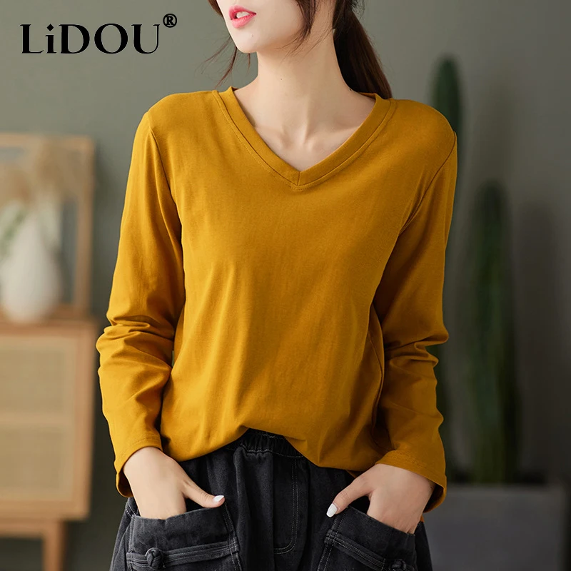 

2023 Spring Autumn New Solid Color Fashion V-neck Long Sleeve T-Shirts Women Casual Loose Elegant Vintage All-match Pullovers