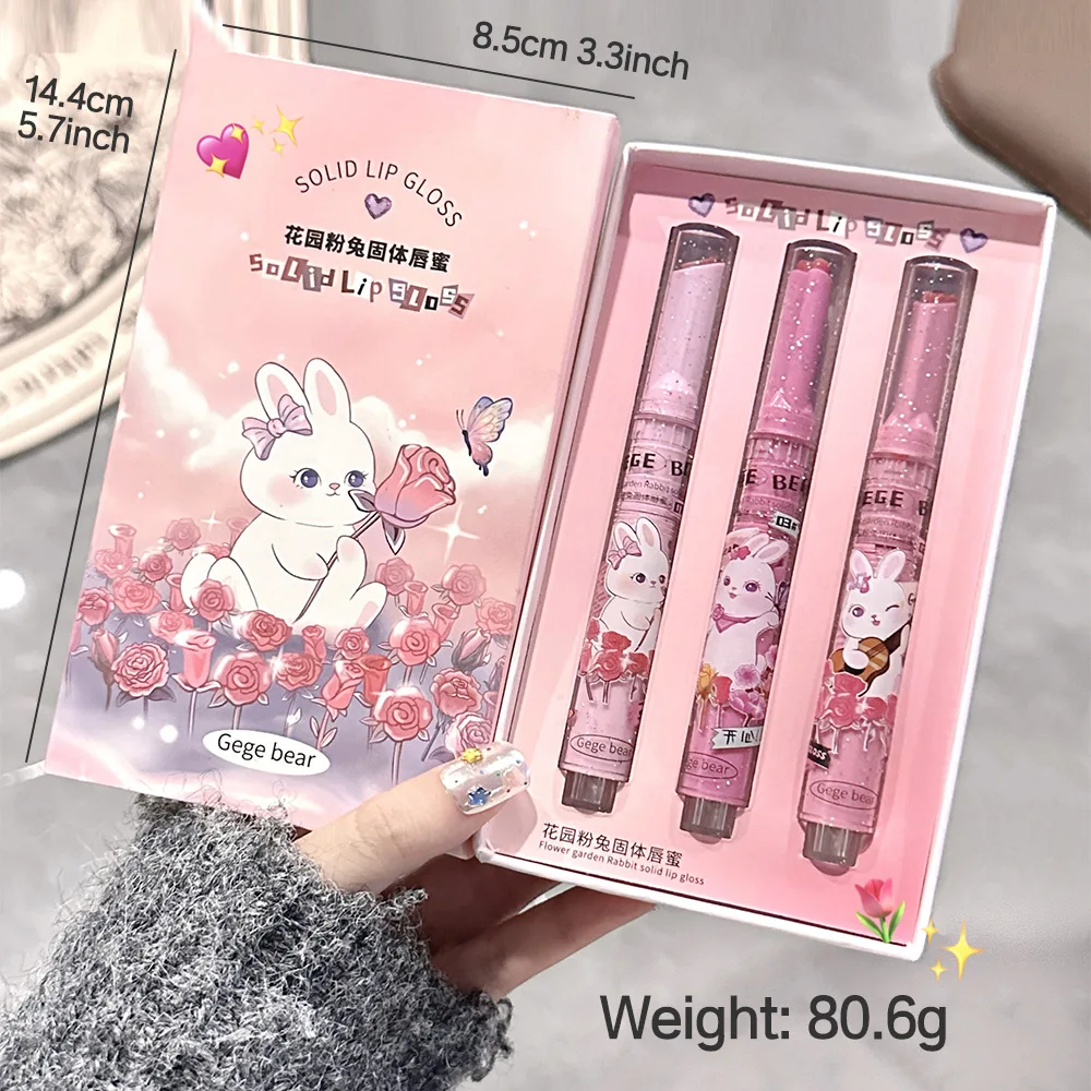 Brillo de labios sólido Gege Bear Garden, juego de pintalabios suave, conejo rosa, bálsamo labial de color acuoso hidratante