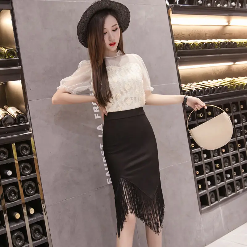 Korean Fashion Tassel Splicing Asymmetrical Knee Skirts Woman Clothing 2023 Summer New Office Lady Elegant Commute Bag Hip Skirt