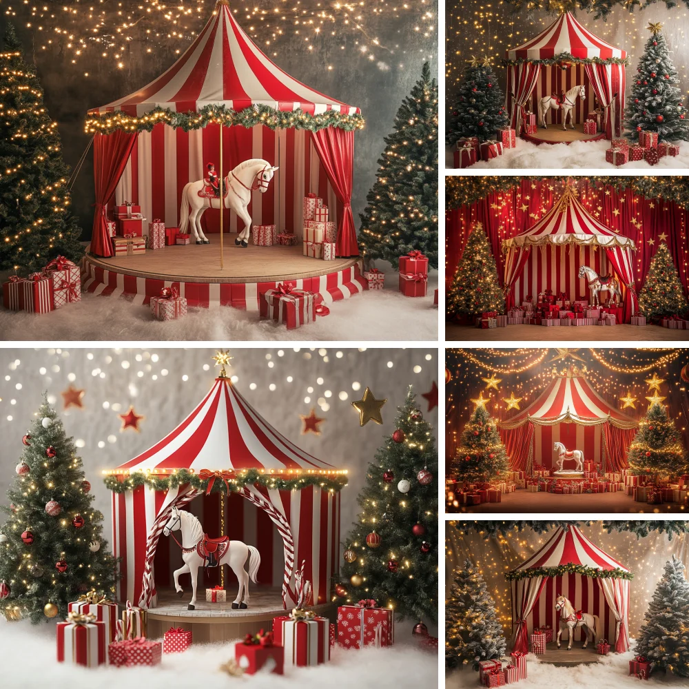 

Christmas Circus Photography Backdrops Red curtain Tent White Horse Xmas Tree Kids Family Portrait Decor Photo Background Props
