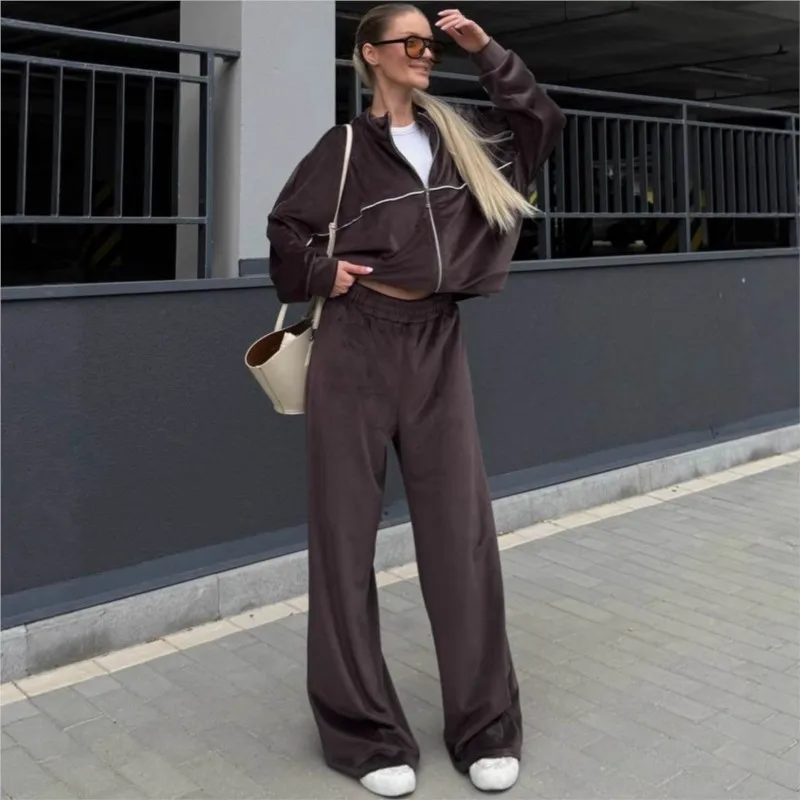 2025 Sweatshirt Zweiteiliger Anzug Damen Oversize Gestreift Lässige Sport-Sets Reißverschluss Kurze Jacke Gerade Hose 2-teilige Sets