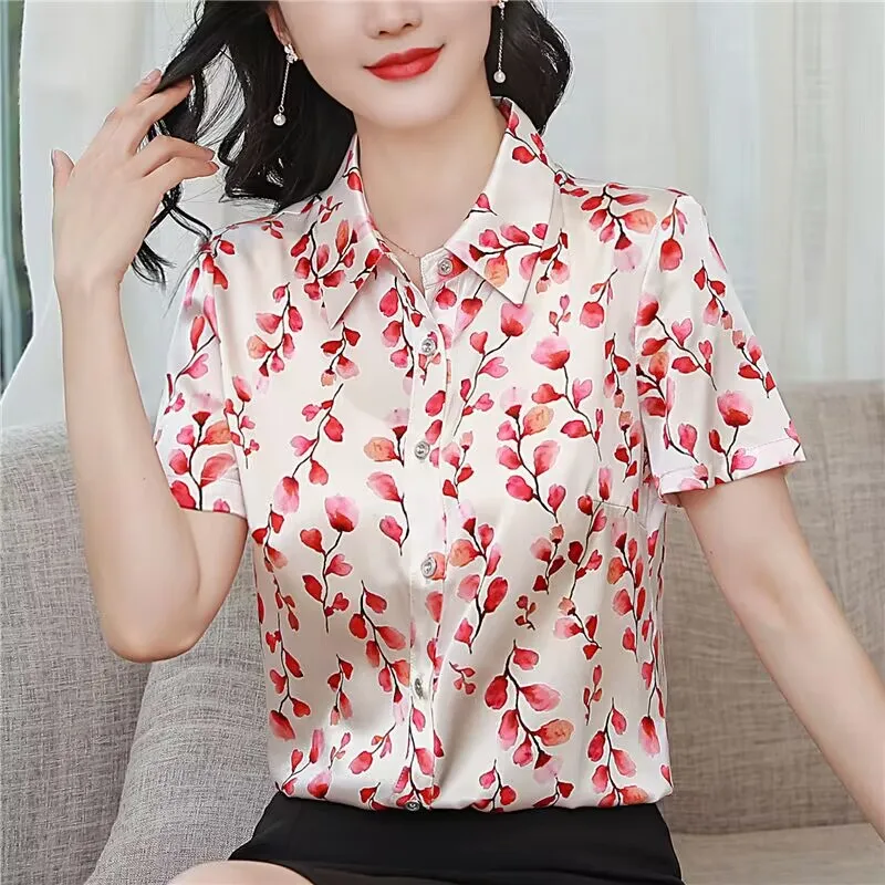 

Short Sleeve Shirt Women Summer New Style Mom Outfit Mulberry Silk Top