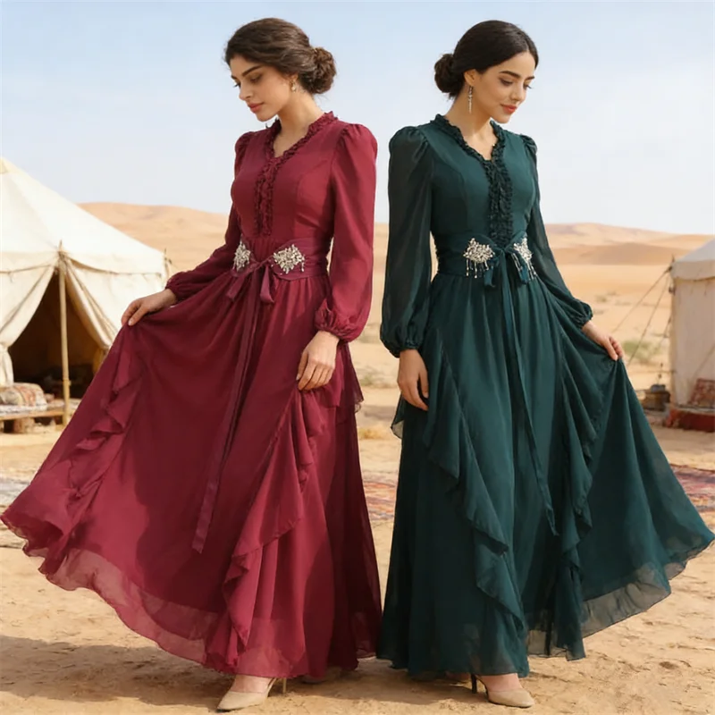 

Праздничное платье-джеллаба с бриллиантами, абайя, дубайский кафтан, женское мусульманское платье для вечеринок, вечернее платье с оборками для Рамадана, джалабия, женское мусульманское платье, Vestidos