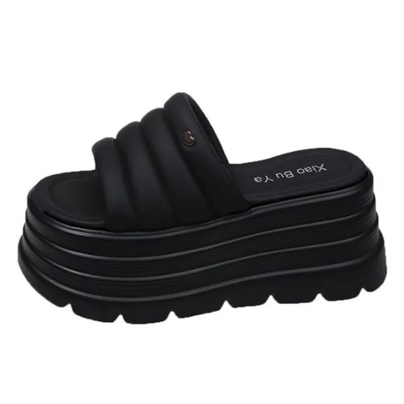 8 سنتيمتر منصة جديدة النعال النساء الصيف عالية الكعب جلد أسود مكتنزة الصنادل عادية اللمحة تو الوجه يتخبط الشاطئ حذاء بكعب ويدج