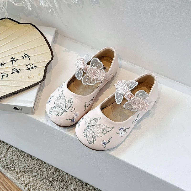 Girl's Chinese Style Embroidered Princess Shoes With Soft Soles, Children's 2024 New Spring Matching Hanfu Small Leather Shoes