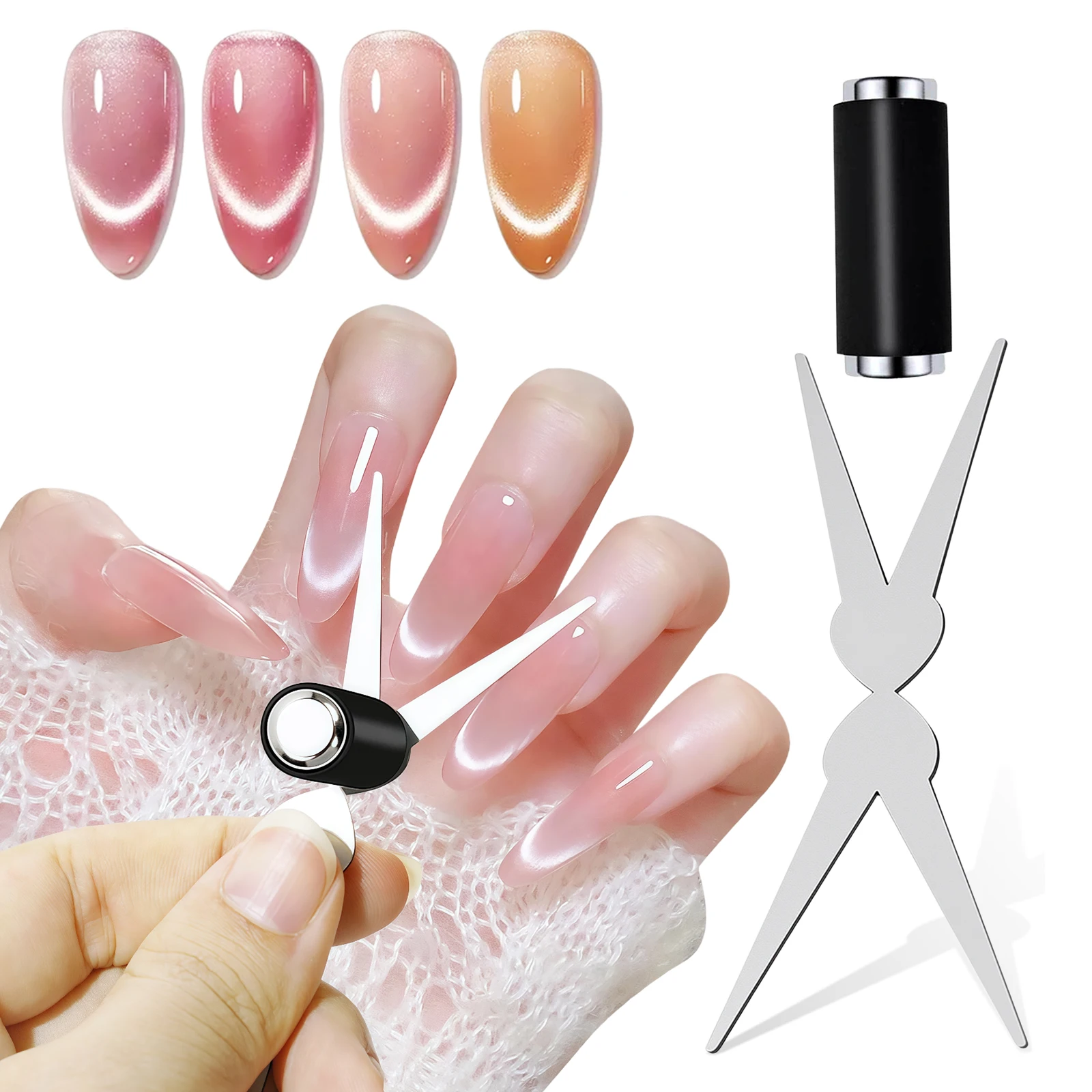 แม่เหล็กตาแมวสองหัว & ชุดแม่เหล็กทรงกระบอกแรงสูง อุปกรณ์เสริมแม่เหล็กสำหรับทำเล็บ 3 มิติ สไตล์ฝรั่งเศส ด้วยแท่งแม่เหล็กยูวี