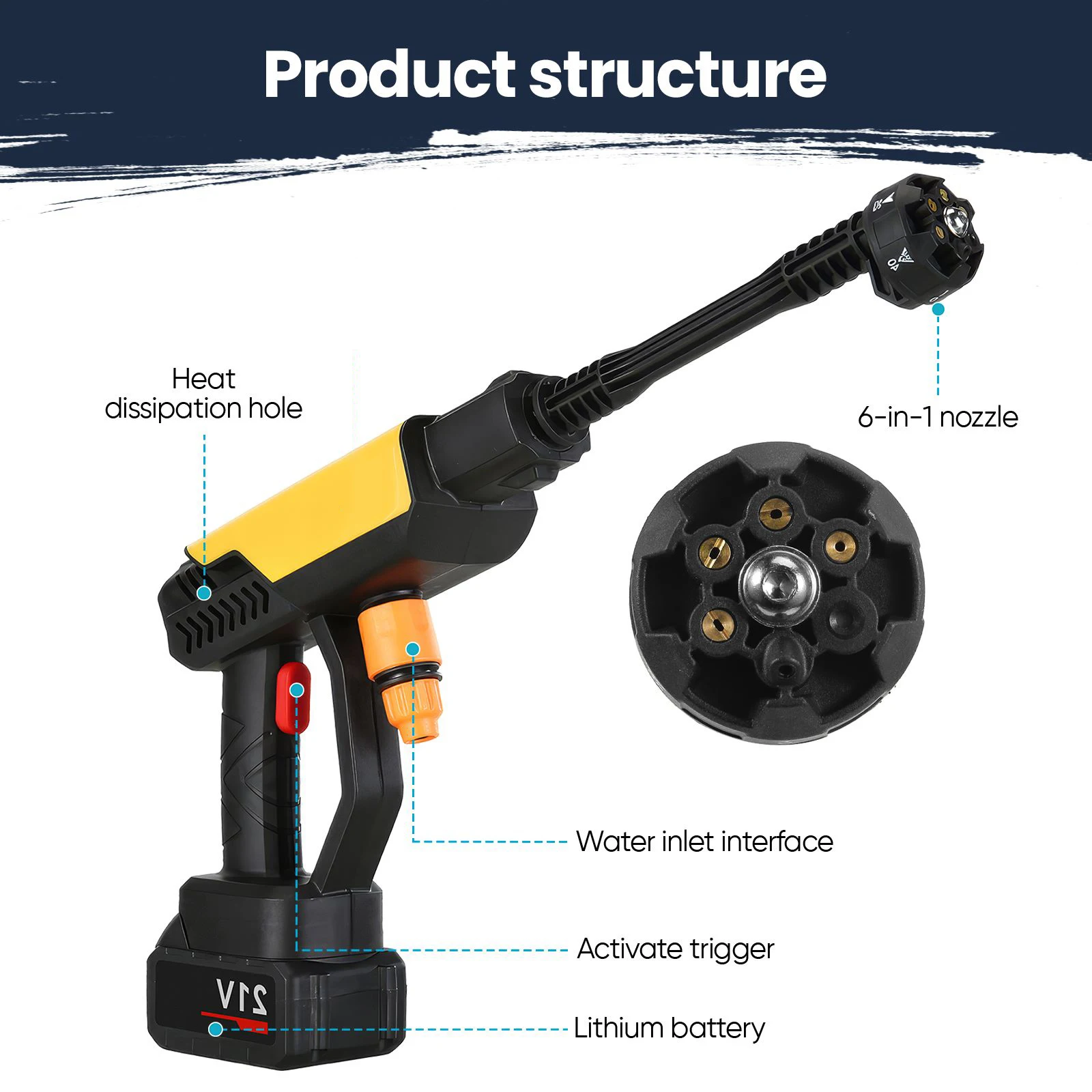 Kabellose Autowasch-Wasserpistole 6 IN 1 200Bar Elektrischer Hochdruckreiniger Haushaltsgarten-Bewässerungswerkzeug für Makita 18V Akku – Detail 2
