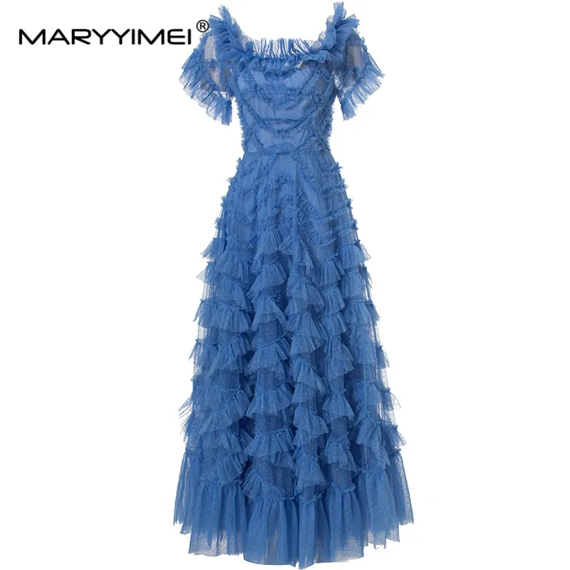 

MARYYIMEI Fashion Design Spring Summer Women's Slash Neck Butterfly sleeve Mesh Tiered Ruffles Mushroom Edge A-Line Dresses