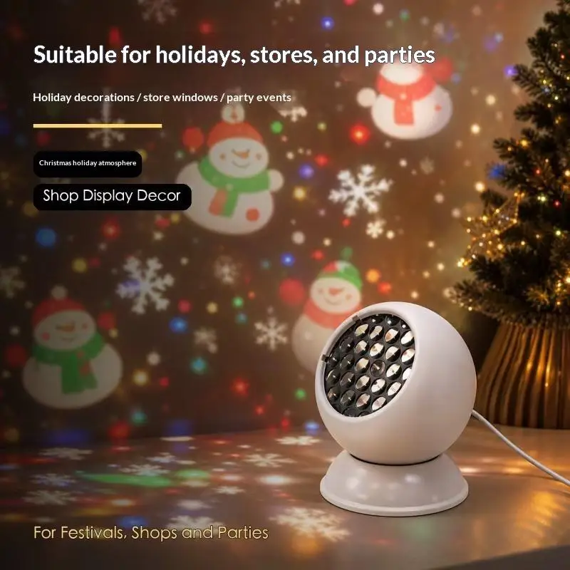 (Ce14)LED Snowflake Christmas Ambient Projector Light Lenses 360 Rotating Base For Bedroom Party Living Room Decor