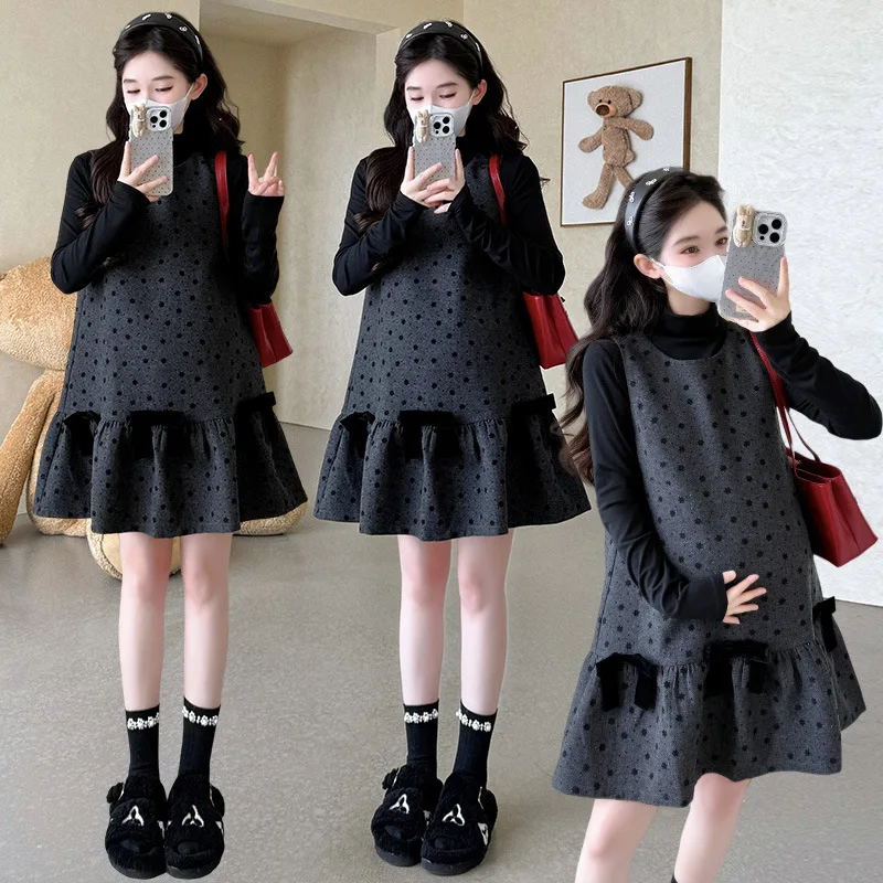 2025 vestido de embarazo pequeño de estilo francés, vestido de chaleco sin mangas de otoño, conjunto de dos piezas, traje de maternidad elegante favorecedor de longitud media