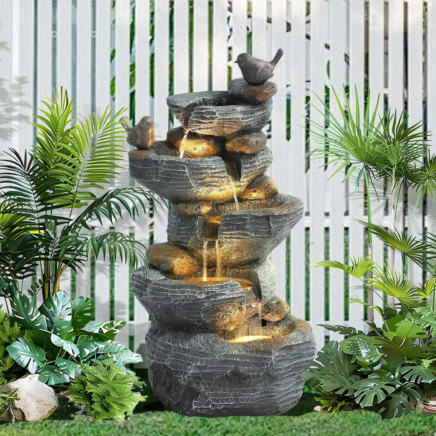 5 Tiers Garden Fountain Outdoor 264 Rock Waterfall Feature 4 LED Lights Modern Resin Fountain Freestanding Pump Dicky Bird Indoo