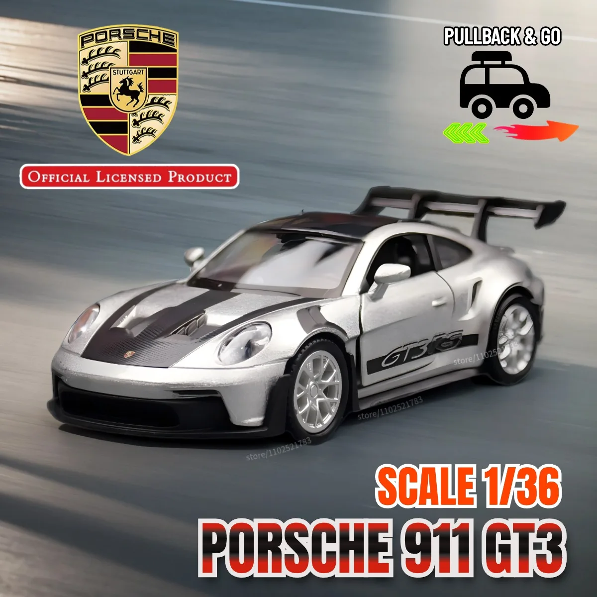 Porsche 911 GT3 1:36 Scale Pullback Toy Car Model Official Licensed Alloy Diecast Vehicle Replica Xmas Gift Kid Boy Toy