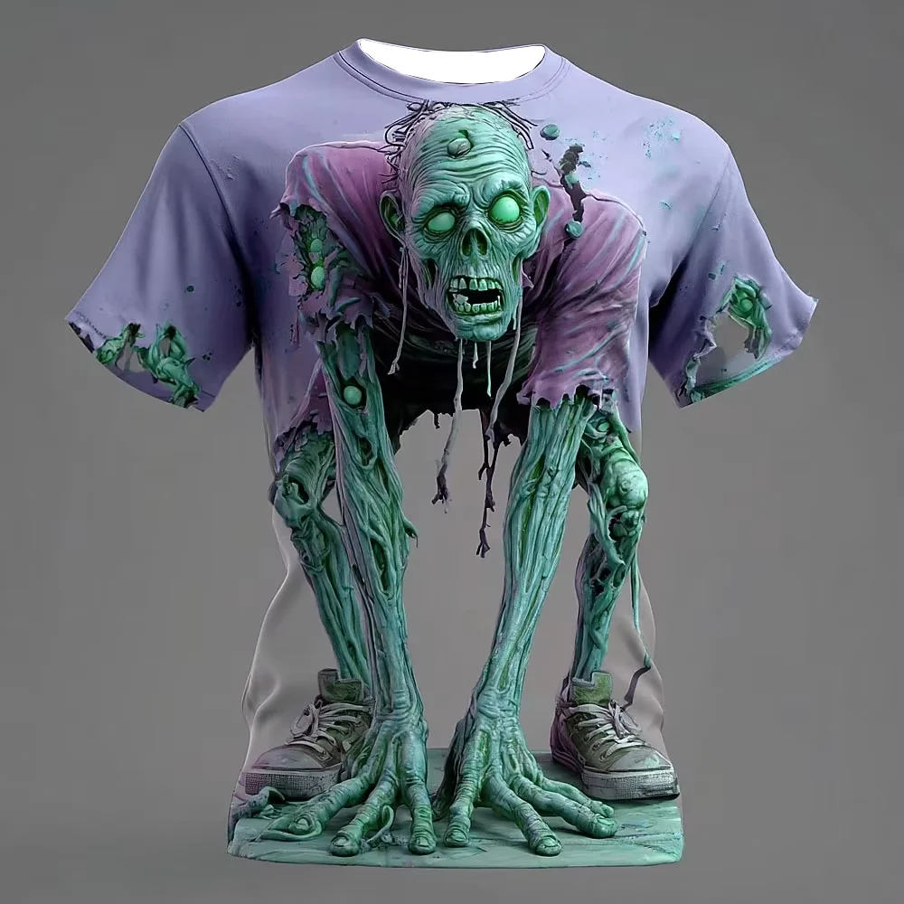 2026 Horror Zombie 3D  Halloween Visual Illusion Men's T-Shirt Outdoor Street Role-Play Men Casual Short-Sleeved Shirt Moto