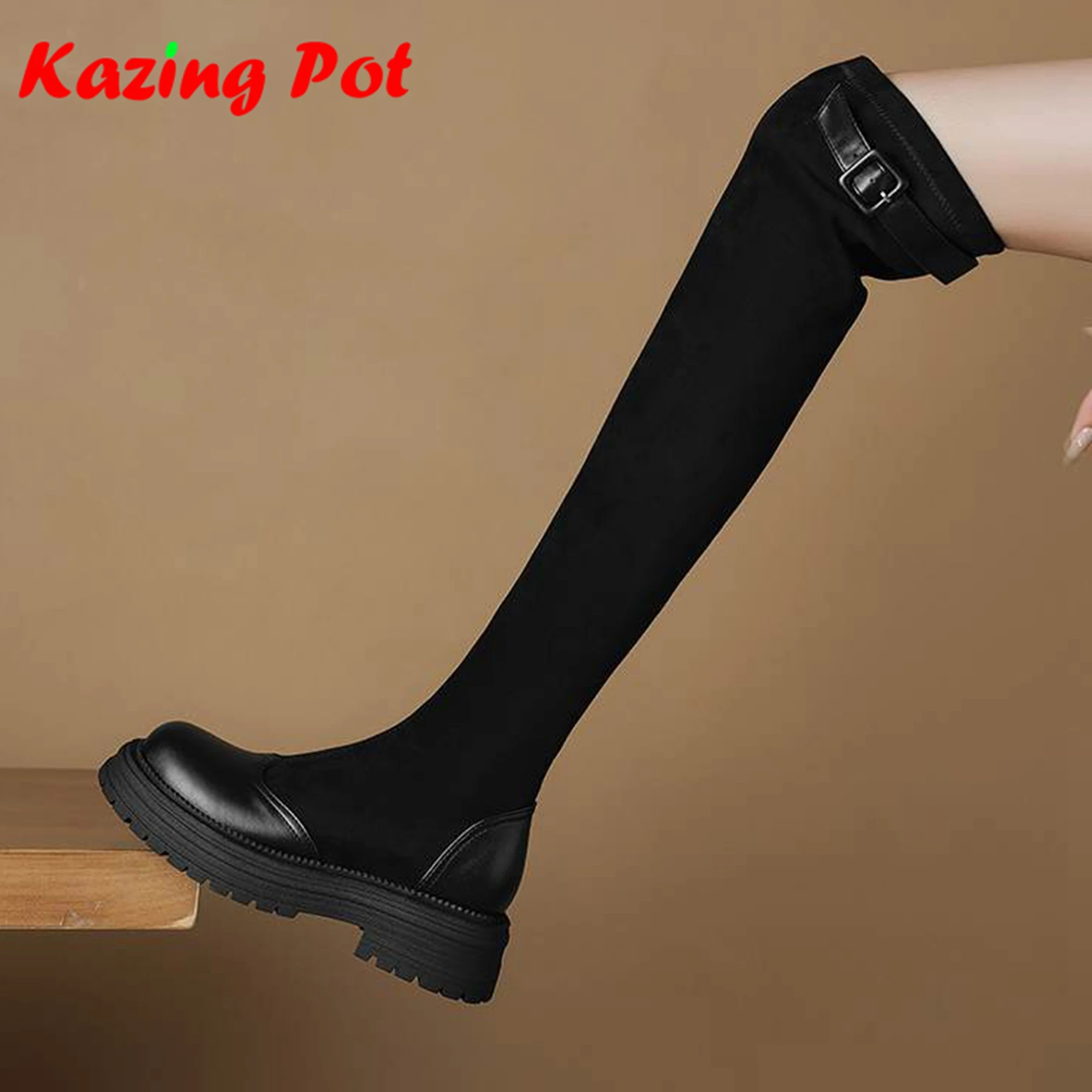 

Krazing Pot, эластичные длинные сапоги из флока из микрофибры на массивном среднем каблуке с круглым носком и пряжкой, элегантные современные сапоги выше колена на платформе