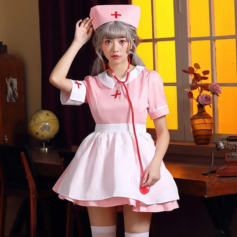 Summer Girls Pink Nurse Costume Nurse Maid Nursing Cosplay Costume Short Sleeve Sexy Dress Ladies Game Anime Medical Work Dress