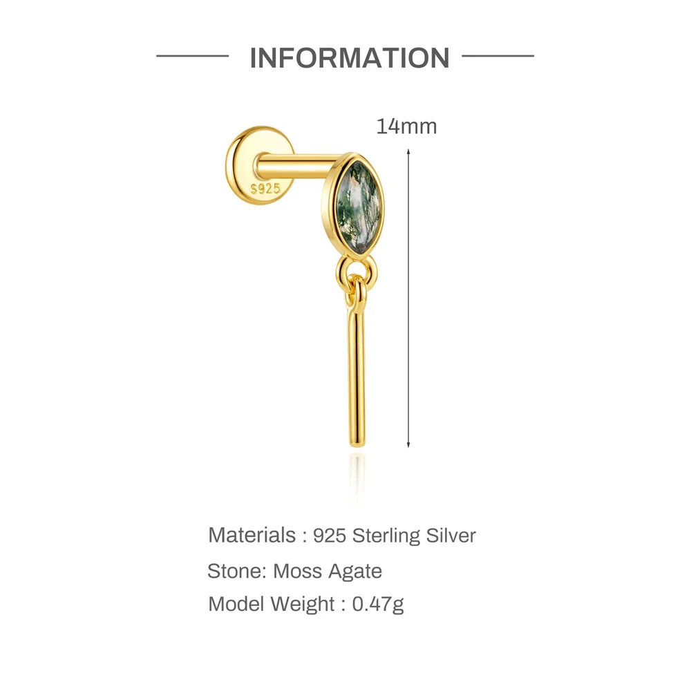 CANNER 1 Stück Sommer Natürlicher Wassergras-Achat Pferdeauge 925 Sterling Silber Flachkopf Piercing Ohrstecker für Damen INS Ohrring – Detail 16