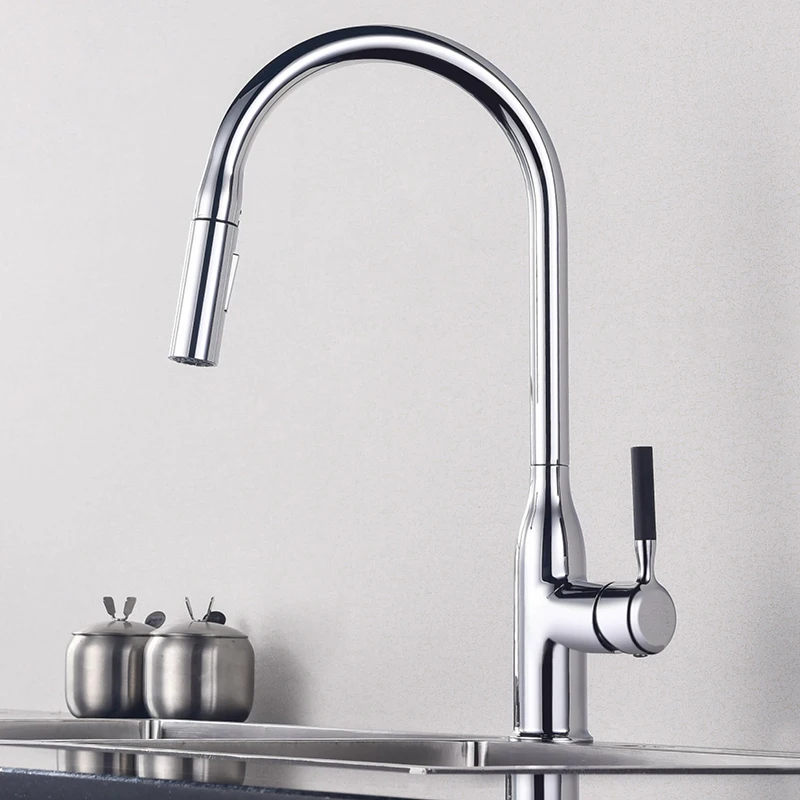 Single Hole Kitchen Pull Down Faucet Deck Mounted 2 Mode Rotatable 360° Kitchen Sink Faucet Modern Hot and Cold Mixer Tap Chrome