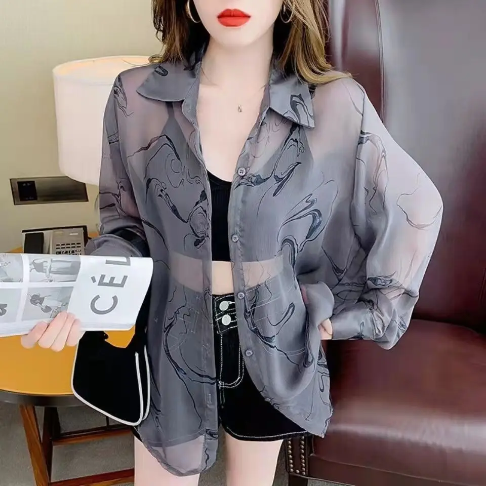 Summer Women's Ultra-Thin Long-Sleeve Sun Protection Shirt Breathable Ice Silk Transparent Chiffon Outerwear  Collar Butt...