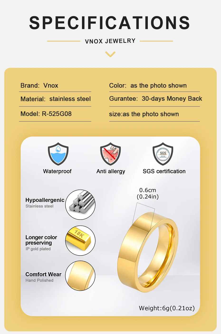 Vnox Hochzeits- und Verlobungsringe für Männer und Frauen, Edelstahlring in Goldfarbe, Schmuckgeschenk zum Jahrestag für Paare, US-Größe 5-12 – Detail 5