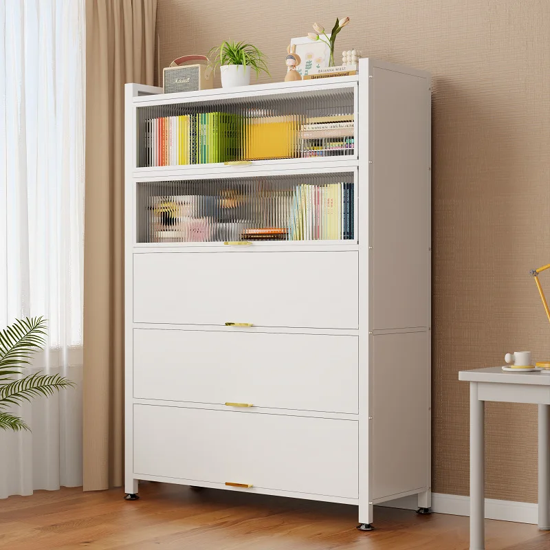 Household steel bookcase Children's dust-proof bookshelf with door shelf Storage cabinet Living room multi-layer floor