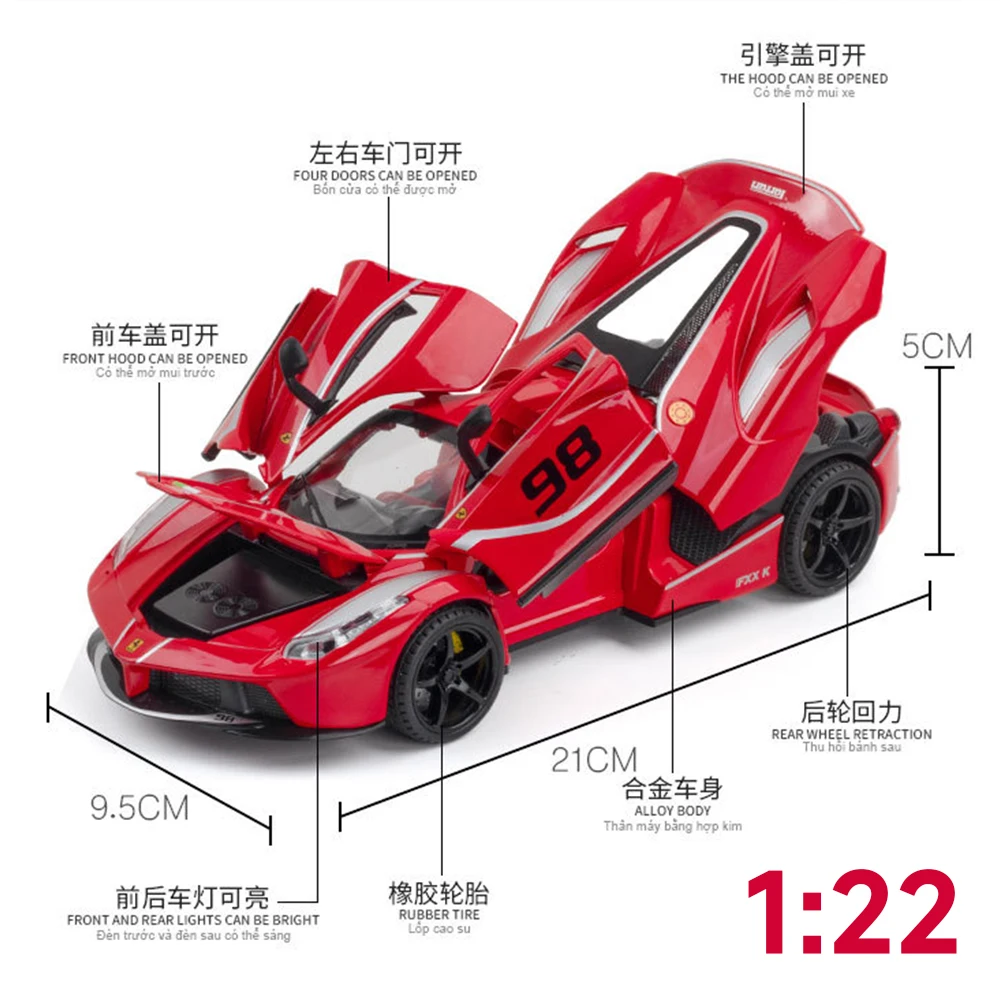 Red Toys Diecast 1:24 Alloy Model Car Miniature LaFerrari FXXK Supercar Metal Vehicle for Boys Kids Collection Children Hottoys