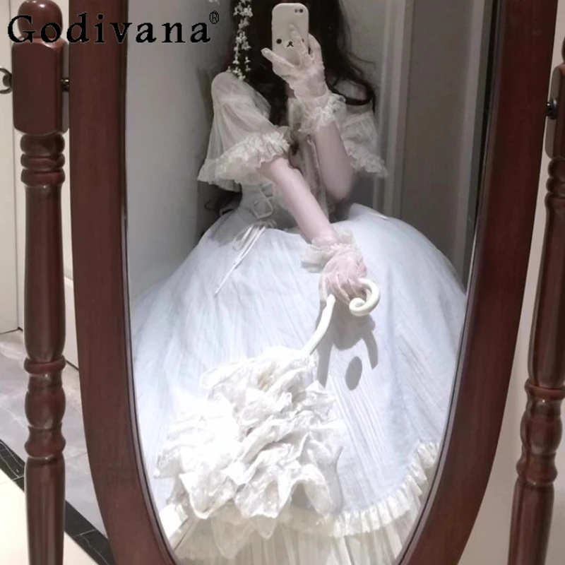 Elegante doorzichtige Lolita taille cinching jurk voor meisjes zomer ballet stijl zoete lange jurk dames prinses boog kanten jurk