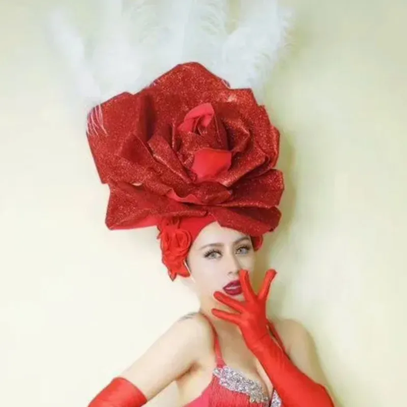 Singer Stage Performance Feather Red Rose Big Flower Headgear Prop Accessories Drag Queen Costume Christmas Festival Costume