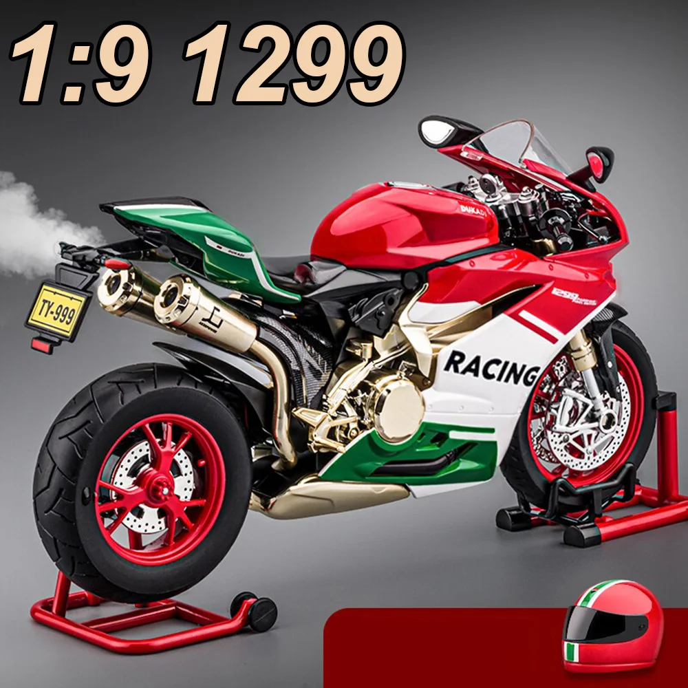 1:9 1299 S1000RR Alloy Motorcycle Diecast Toys Car Model Spray Function Sound Light Pull Back Rubber Tire Vehices Birthday Gifts
