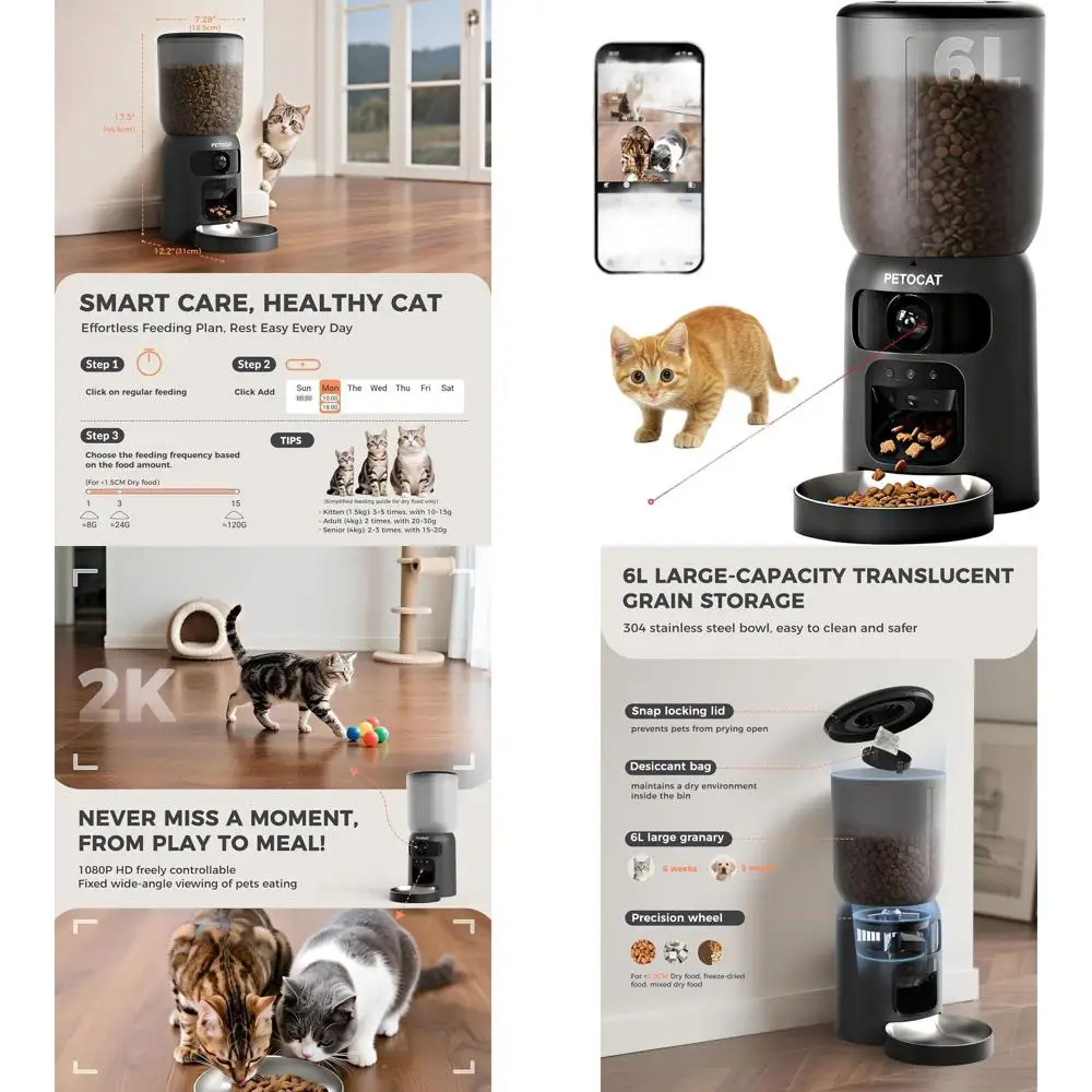 Smart Pet Feeder with 2K Dual Cameras, 5G/2.4G Wi-Fi, 6L Food Dispenser, Cat Recognition, Diet Tracking, Interactive Laser, and