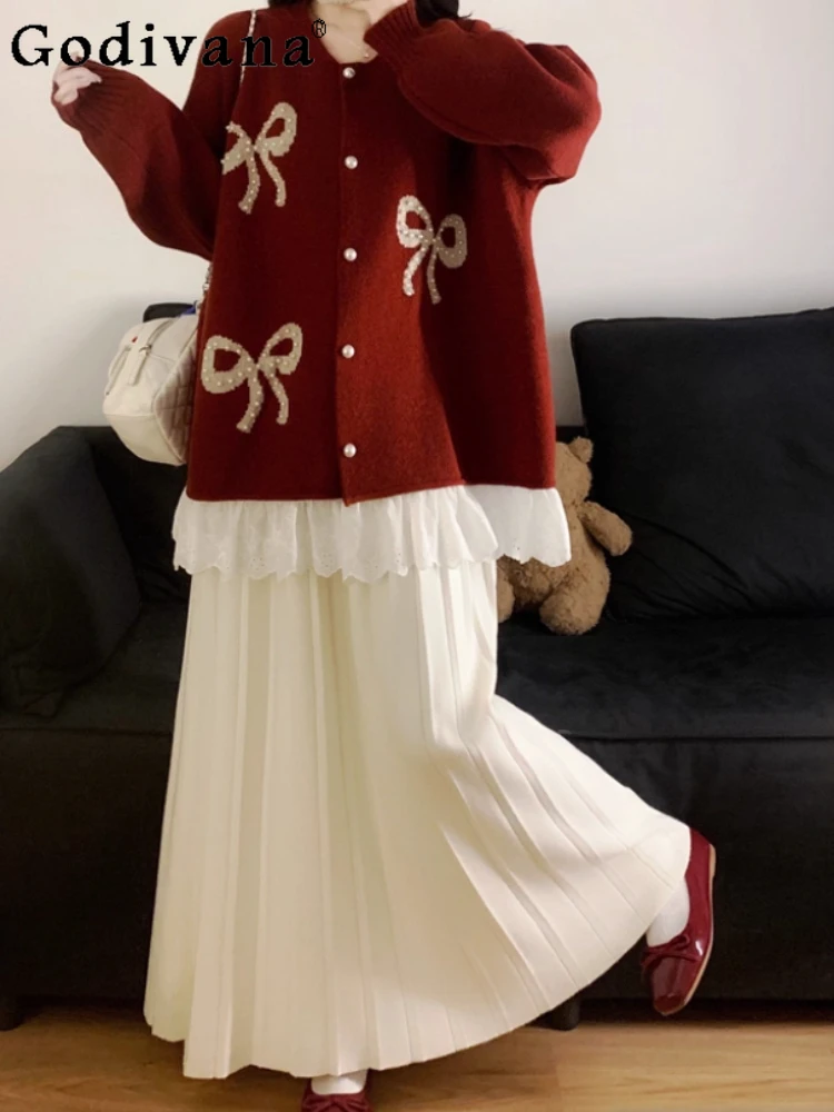 

Christmas Red Sweet Bow Beads Knitted Cardigan Women Autumn Winter Large Size Loose Versatile Age Reduction Medium Long Sweater