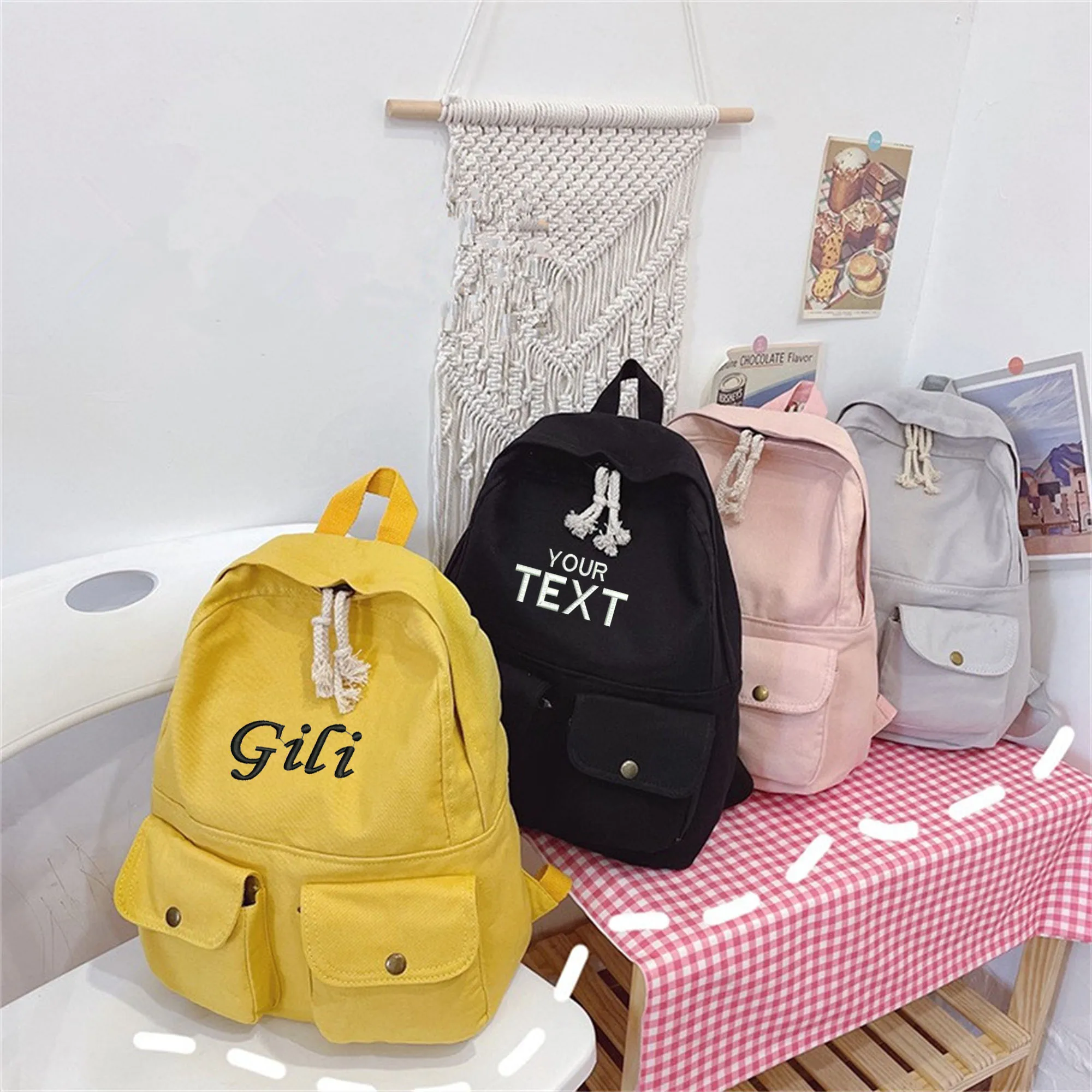 Personalized Canvas Korean Style Schoolbag Customized Embroidered Name Backpack Training Anti-theft Shoulder Bag For Teenager