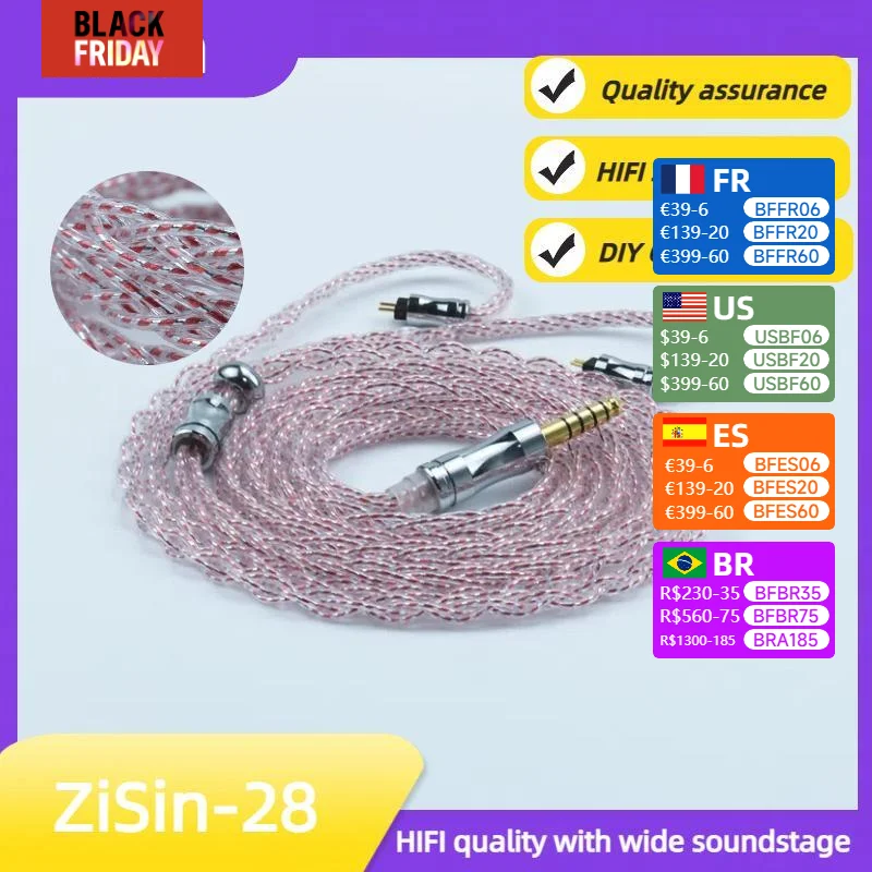 ZiSin-28 8-Core Litz HIFI Earphone Upgrade Cable With 3.5/2.5/4.4mm MMCX/QDC/TFZ 0.78 2Pin For DB3 Moondrop ZX2 ZAX2 TANCHJIM