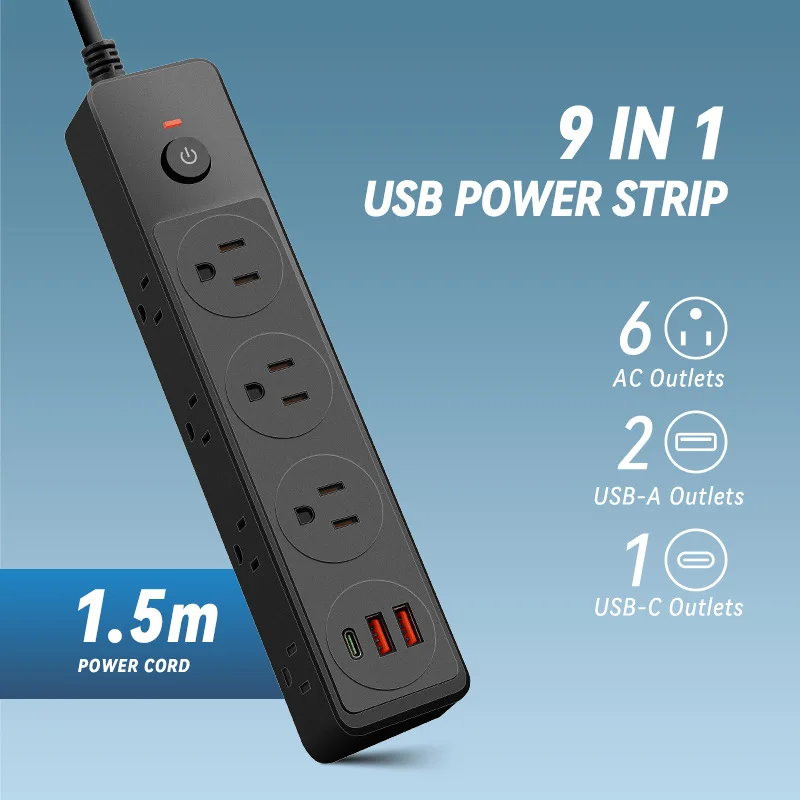 Melery US Power Strip Proteção contra sobrecarga Cabo de extensão de 1,5 M Canadá México Bar 6 Tomadas Plug com USB Tipo-c para Home Office