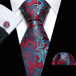 Fashion Silk Red Blue Teal Floral Men Tie Set Necktie Handkerchief Cufflinks Wedding Gift Barry. Wang Tie Pin Brooches A-6074