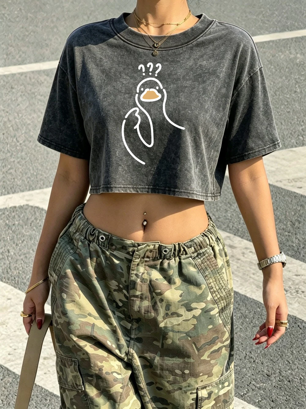 Confused Duck Printed Crop Tops Womens Summer Cotton Washed T-Shirts Y2K O-Neck Regular Fit Streetwear Casual Womans Clothes