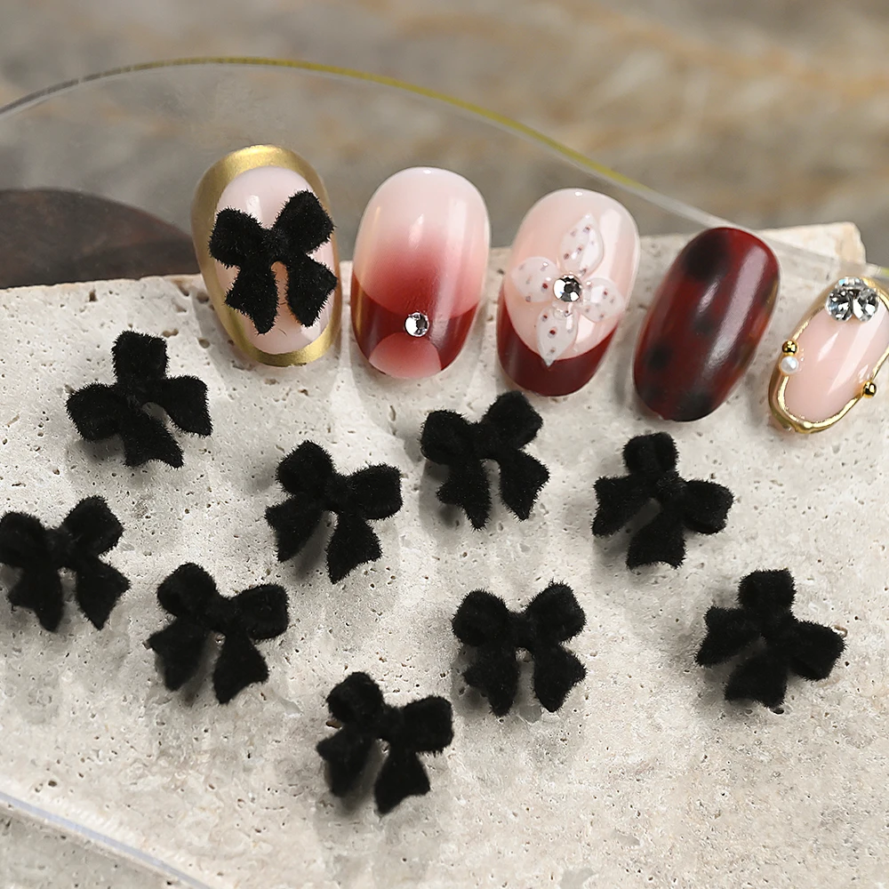 50 Pezzi Fiocchi in Velluto Nero per Unghie, Decorazioni Retrò 3D in Resina per Nail Art, Accessori per Manicure