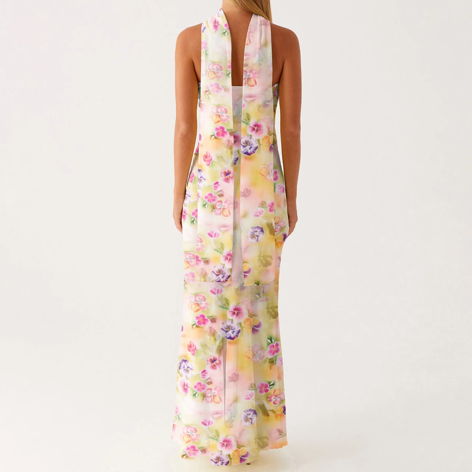 女性カラフルなフラワープリントオフショルダーノースリーブフリル裾マーメイドロングボディコンストラップレスチューブドレススカーフ付き