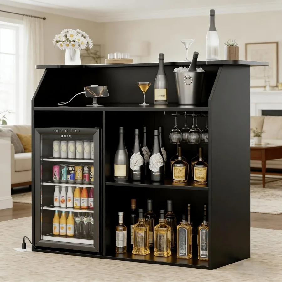 Home Bar Unit with Wine Glass Holder, 3 Tier Liquor Bar Cabinet Pub Table, Wine Bar Cabinet with Mini Fridge Space for Dining R