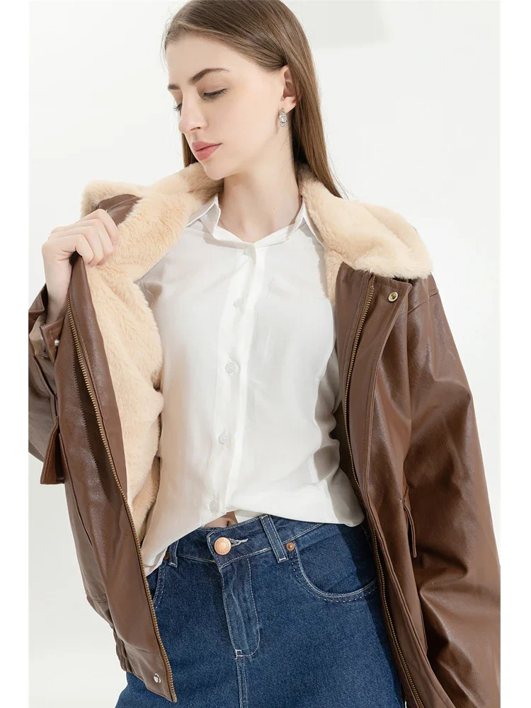 Women's Fur Leather Jacket Long Sleeved Loose Warm Lamb Wool Vintage Thickened Locomotive Lapel Female PU Motorcycle Coat