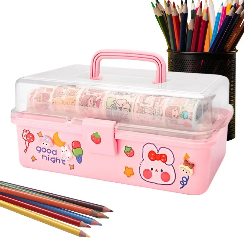 

Handled Stationery Organizer Pink Portable Tool Box Handled Storage Box Clear Multi-Layer Storage Organizer Multipurpose