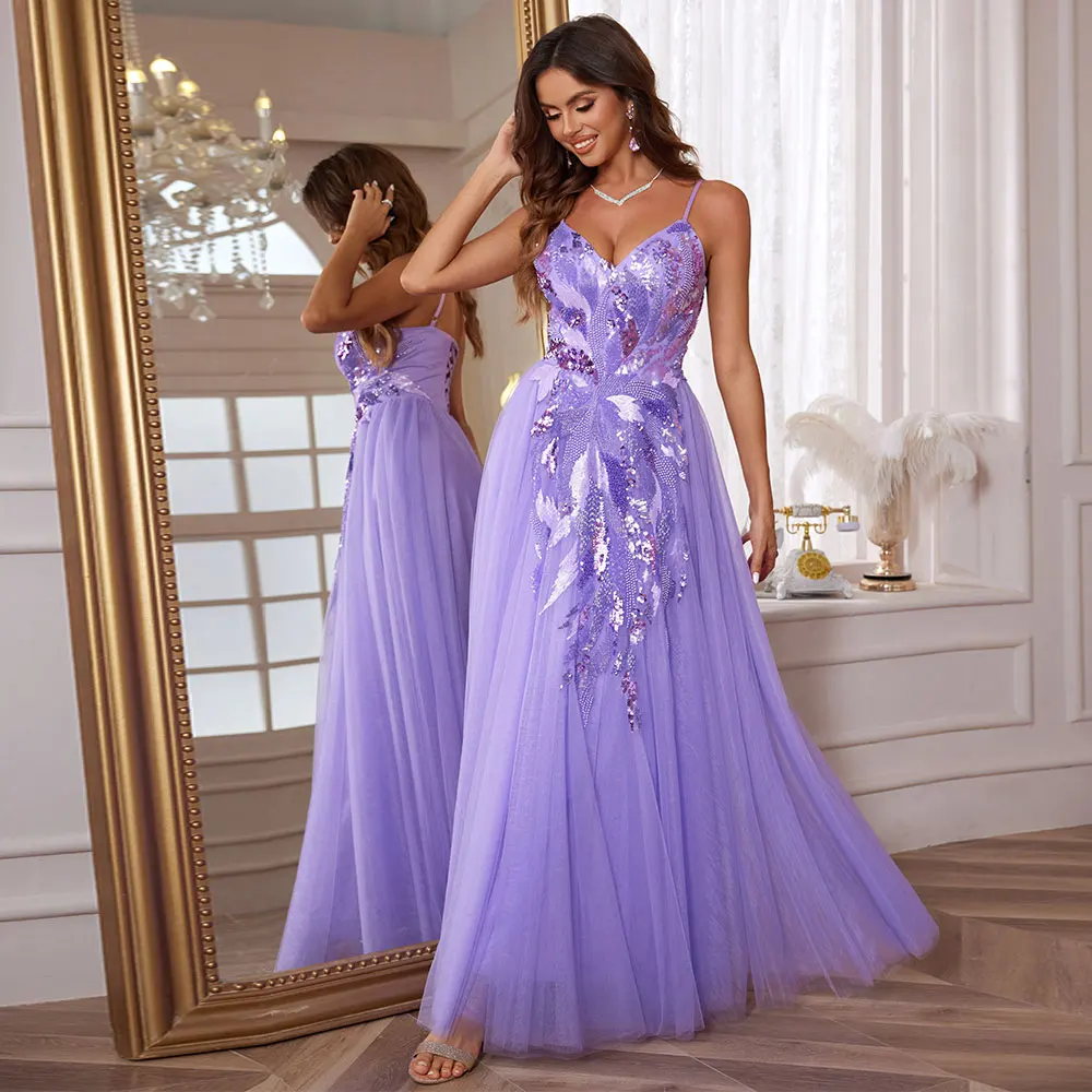 Luxury Beaded Evening Gowns For Women Formal Tulle V Neck Prom Dresses 2024 Long Ball Gown Birthday Party Gown Graduation