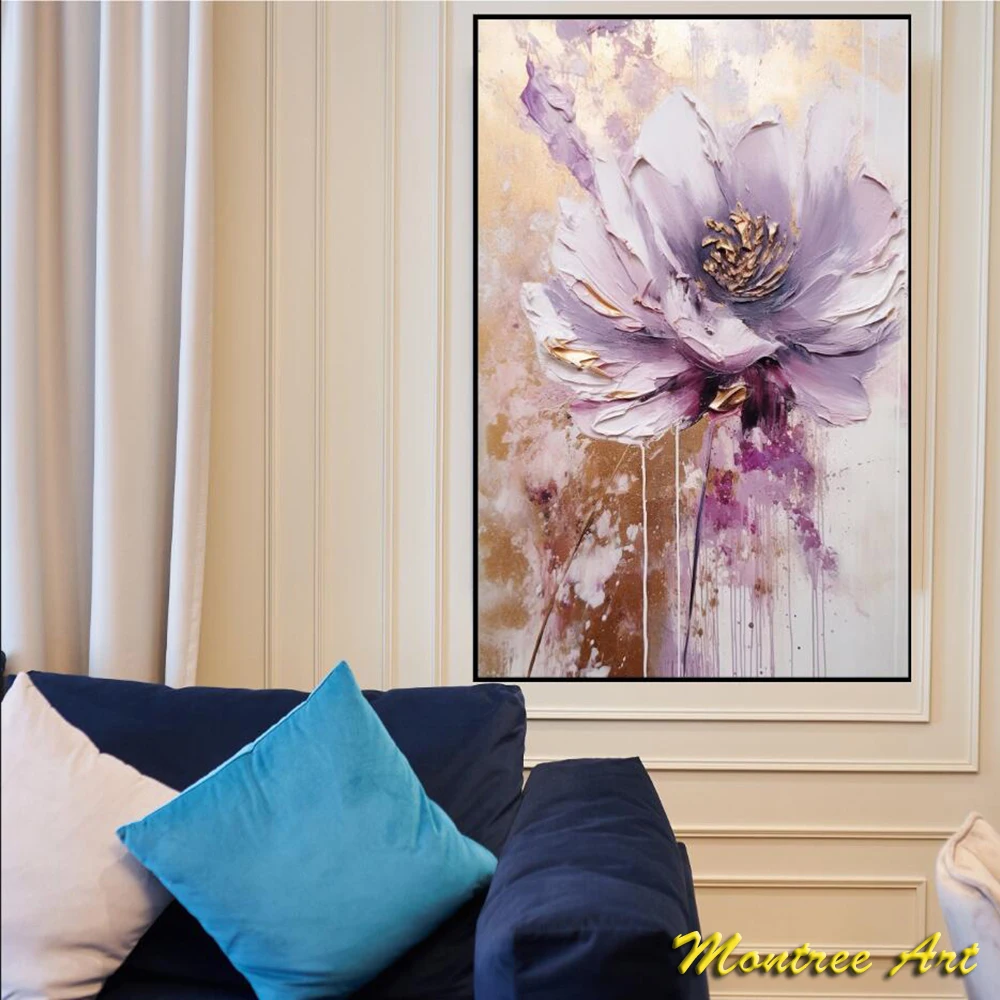 Hand Painted Oil Painting Large Original Art Abstract Purple And Gold Fancy Flower Oil Painting On Canvas Wall Decor Living Room