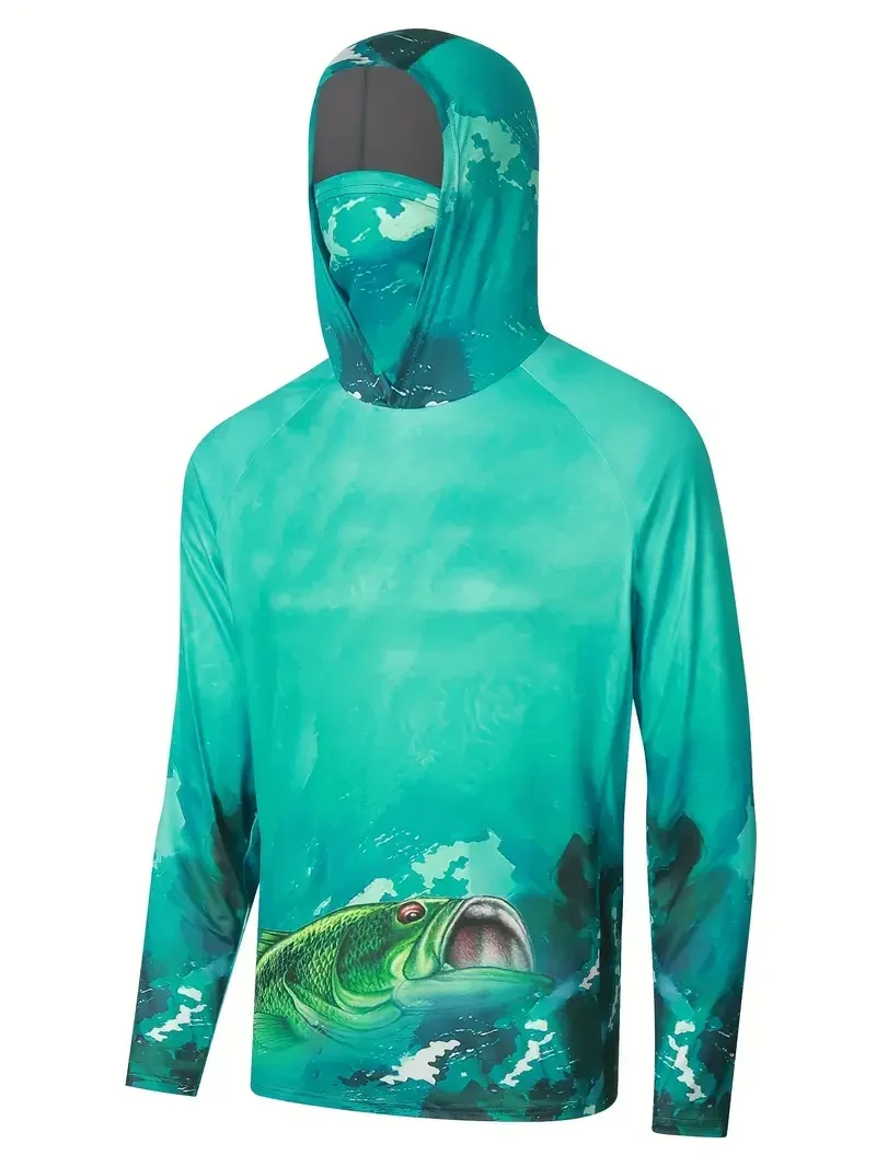 Blue Ocean Camo Men Fishing Hooded Shirt Built‑in Face Cover UPF50+ Sun Protection Quick‑Dry Long Sleeve Outdoor Tops view 2