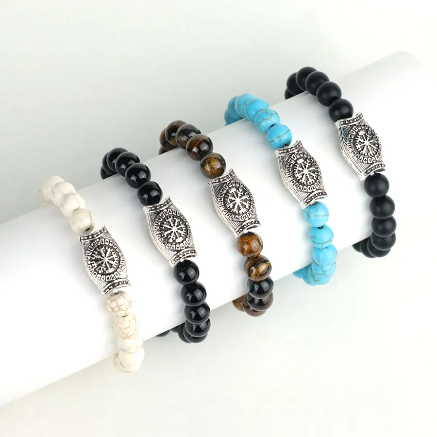 Viking Compass Bead Bracelet for Men Tiger Eye White Howlite Natural Stone Navigation Jewelry Nordic Retro Wristband Joias view 5
