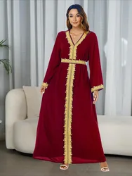 Sweet Long Sleeve Eid Turkey Muslim Dress Women Kaftan Long Robe Abaya V Neck Vestidos Islamic Clothing Arabic Dresses Mulsuman
