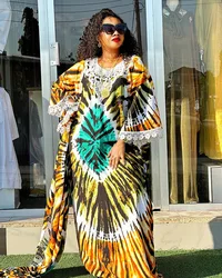 2023 Print African Maxi Dress for Women with Headtie Elegant Lady Party Gown Plus Size Ankara Dashiki Clothes Muslim Kaftan Robe