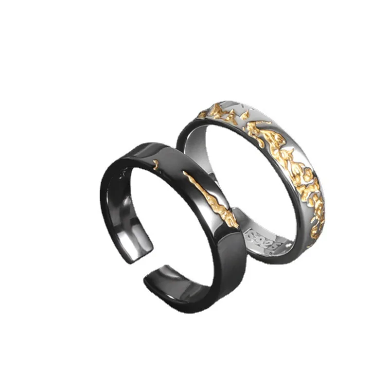 Fashion Lovers Rings Black/Silver Color Gilded Boys Open Adjustable Rings Cute Flowing Gold Flower Pattern Couples Rings Jewelry