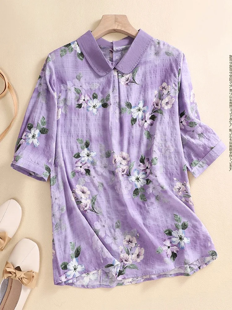เสื้อผ้าฝ้ายลินินลายดอกไม้สไตล์เรโทร คอปกตุ๊กตาบางเบา ผ้าไหม เสื้อผู้หญิงทรงหลวม พิมพ์ลาย เหมาะสำหรับใส่ไปทำงานในฤดูร้อน