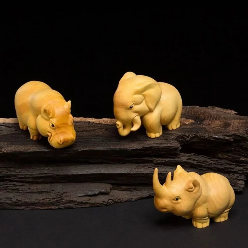 Small Leaf Boxwood African Sanbao Ornaments Solid Wood Carving African Beast Elephant Rhinoceros Hippo Desktop Plaything